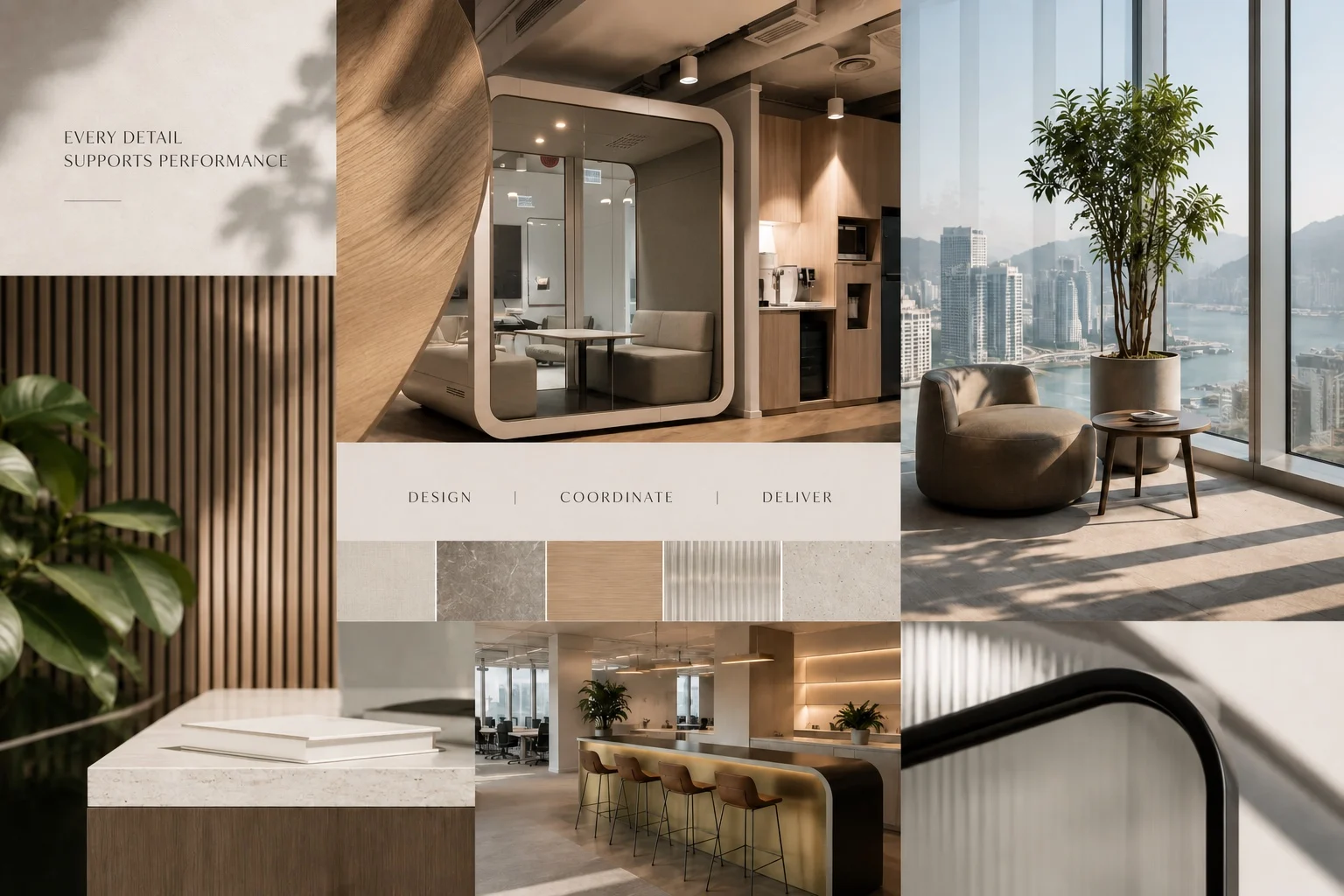 Hong Kong workplace lounge with warm materials and a city view