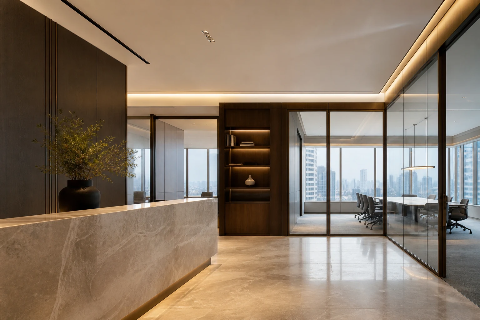 Premium office interior illustrating refined fit out craftsmanship, timber joinery and glass meeting rooms