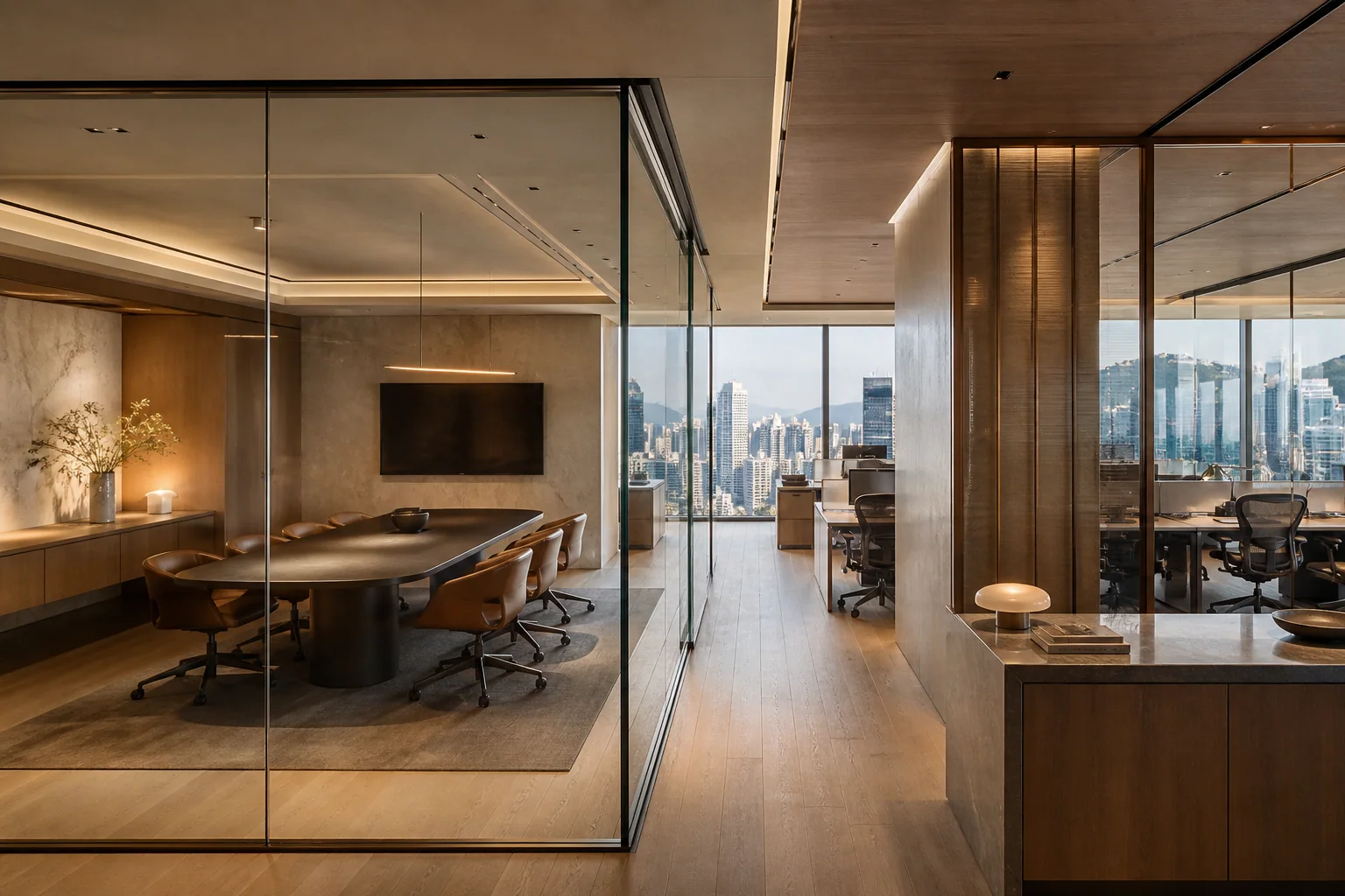 Premium Hong Kong workplace showing controlled office fit out construction, refined joinery and coordinated meeting spaces