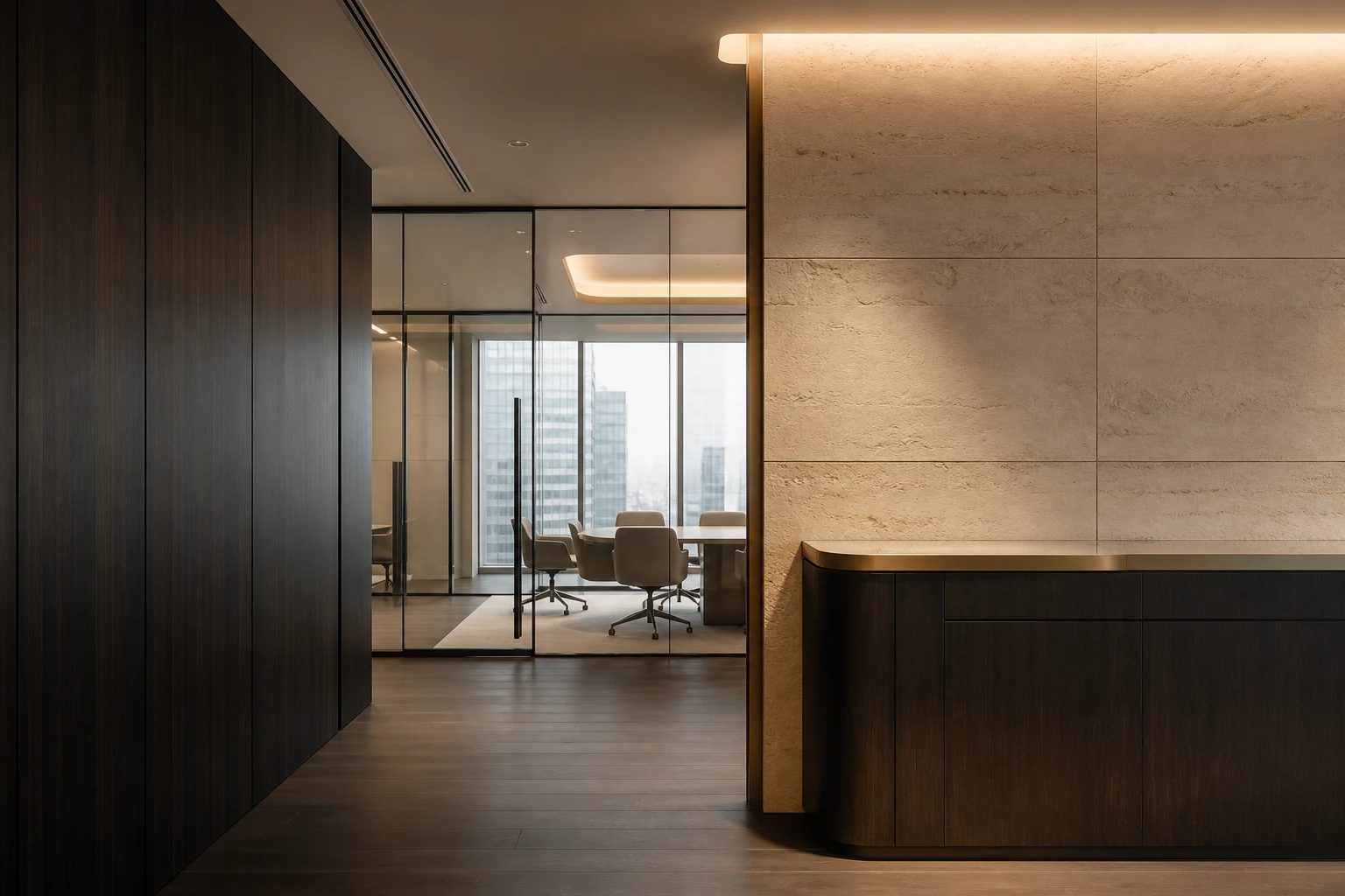 Premium office interior showing precise timber joinery, stone surfaces and a glass meeting room