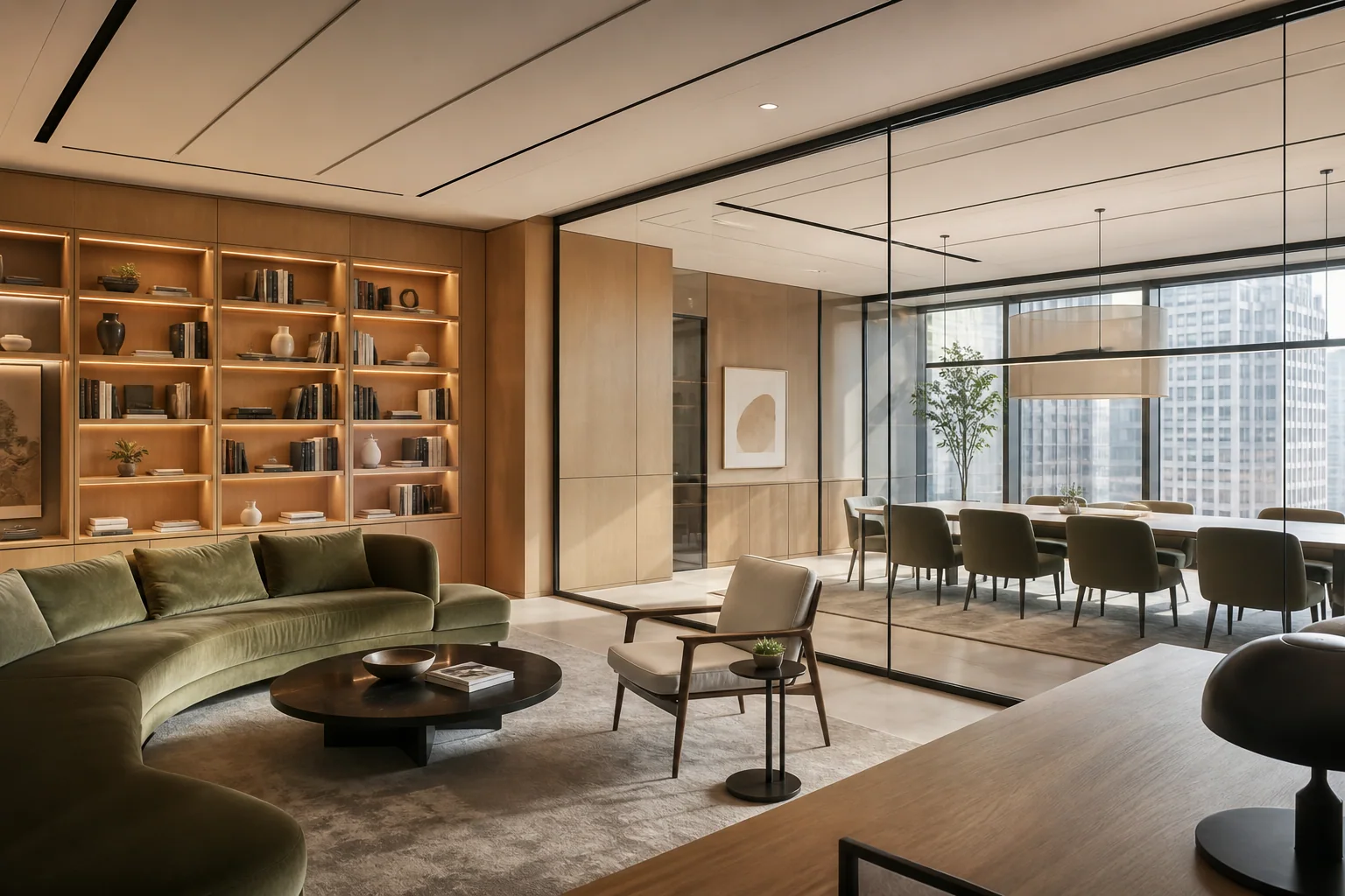 Well-maintained premium workplace with aligned details, refined joinery and integrated lighting