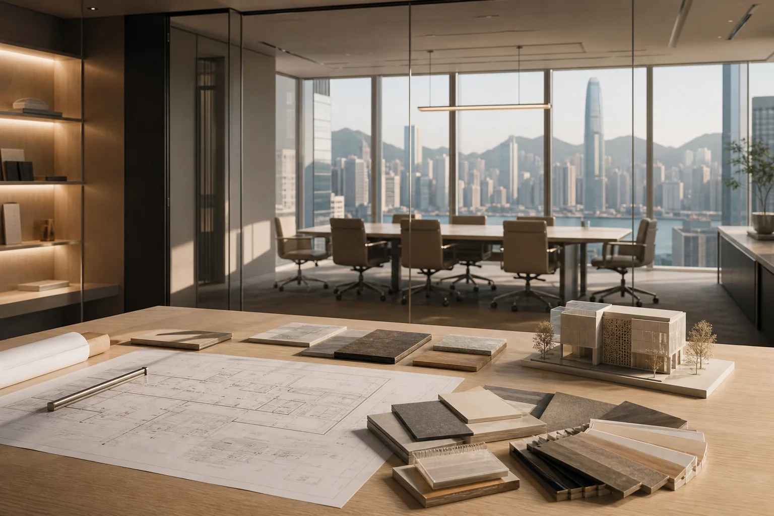 Office project management setting with architectural plans, material samples and a Hong Kong boardroom