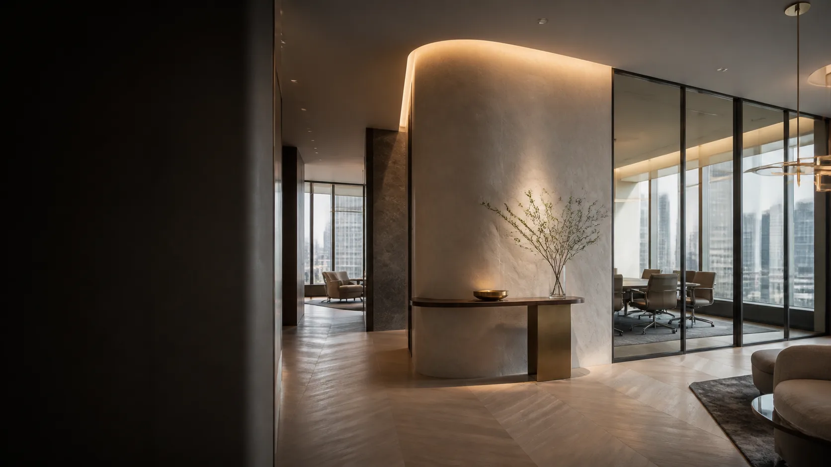 Premium Hong Kong office interior with curved architectural wall and meeting room
