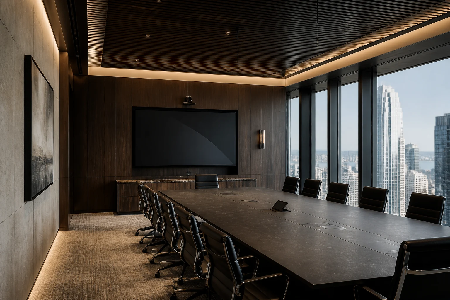 Premium meeting room with integrated screen, camera, microphones and refined architectural finishes
