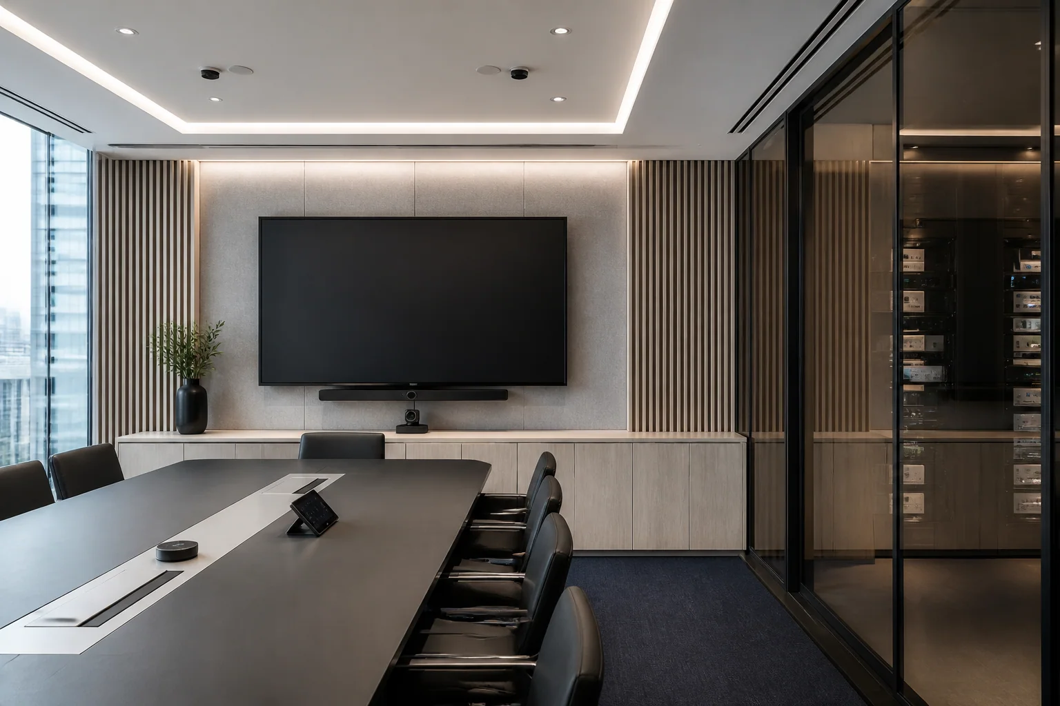 Technology-integrated Hong Kong meeting room with coordinated AV, architecture and technical infrastructure